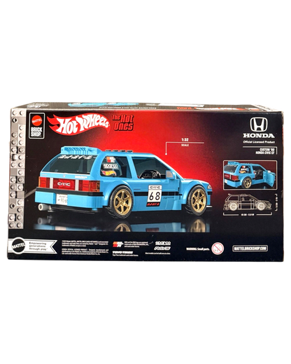 More Than Diecast Hot Wheels Mattel Brick Shop Custom 90 Honda Civic EF model kit box showing blue JDM hatchback