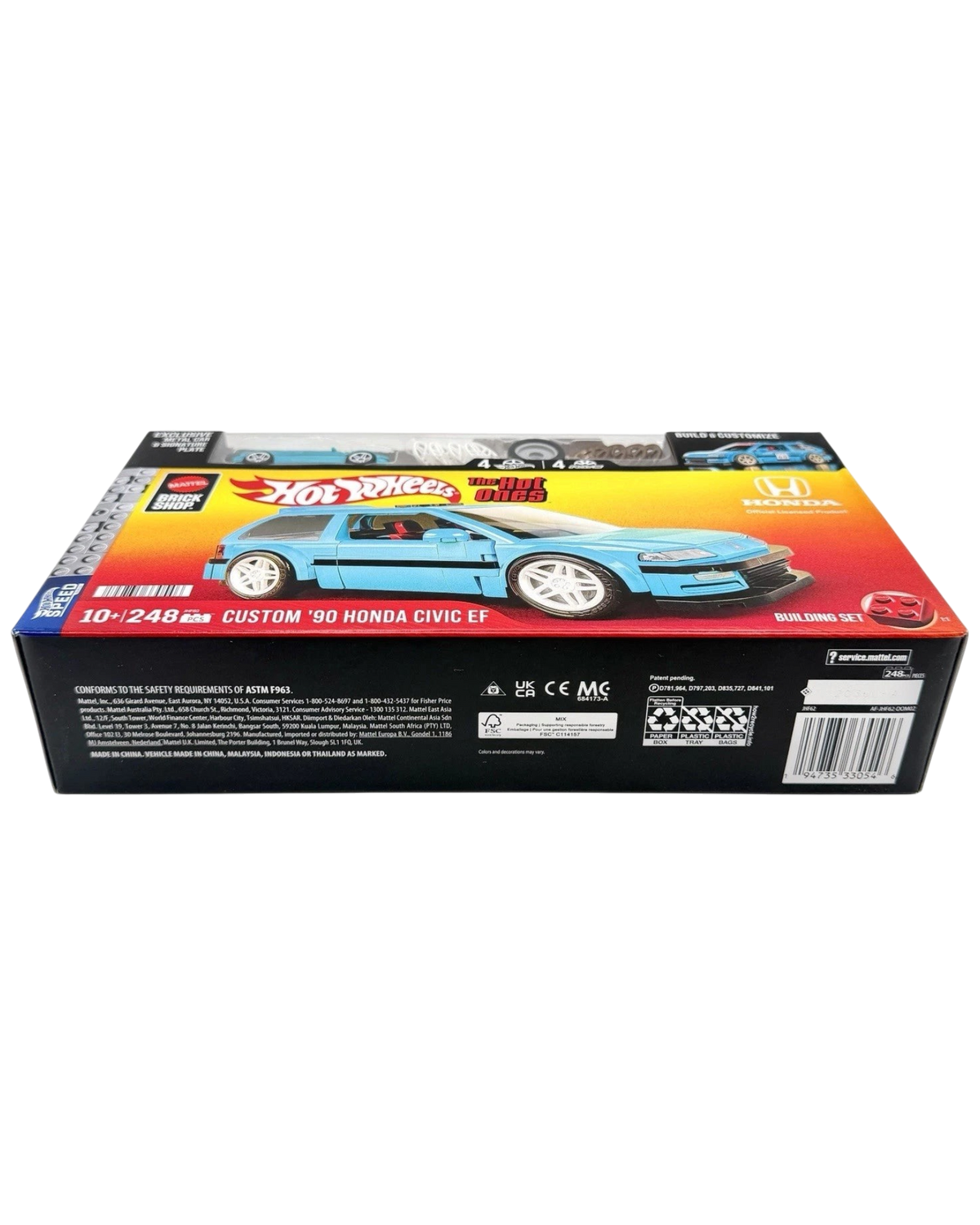 More Than Diecast Hot Wheels Brick Shop Custom '90 Honda Civic EF building set box featuring blue car livery.