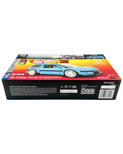 More Than Diecast Hot Wheels Brick Shop Custom '90 Honda Civic EF building set box featuring blue car livery.
