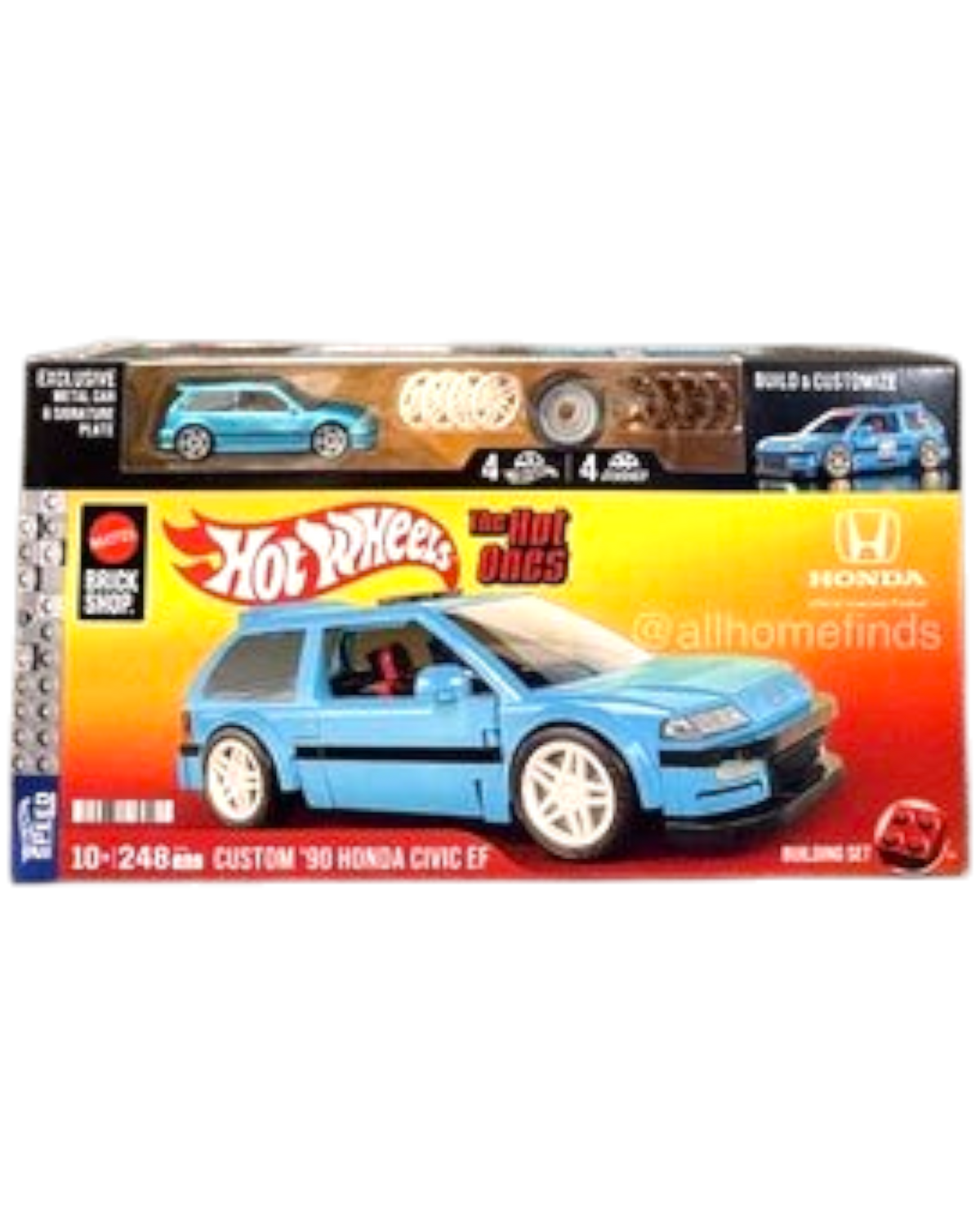 More Than Diecast Hot Wheels Mattel Brick Shop Custom 90 Honda Civic EF buildable set in blue packaging