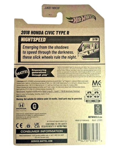More Than Diecast 2026 Hot Wheels 2018 Honda Civic Type R card back with product details and branding