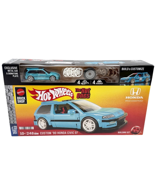 More Than Diecast Hot Wheels Brick Shop Custom 90 Honda Civic EF building set in light blue with The Hot Ones livery