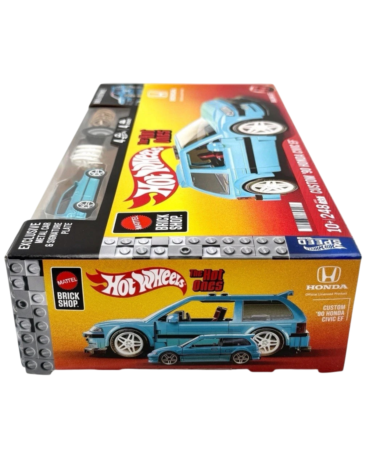 More Than Diecast Mattel Hot Wheels Brick Shop Custom 90 Honda Civic EF building set in blue with The Hot Ones livery.