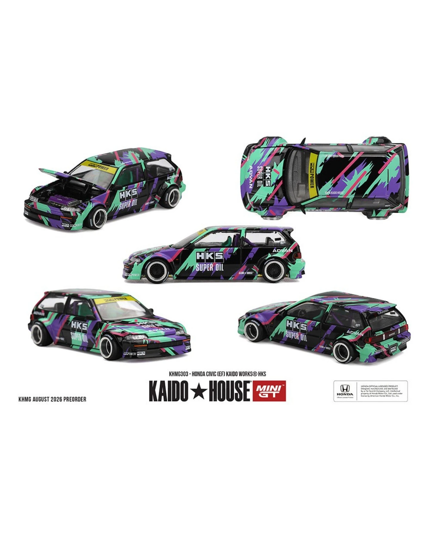 More Than Diecast 1:64 scale Honda Civic EF Kaido Works HKS die-cast model with purple and teal graphic livery