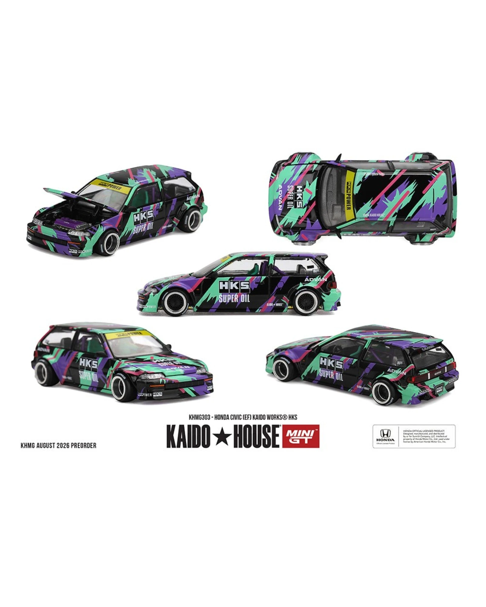 More Than Diecast 1:64 scale Honda Civic EF Kaido Works HKS die-cast model with purple and teal graphic livery