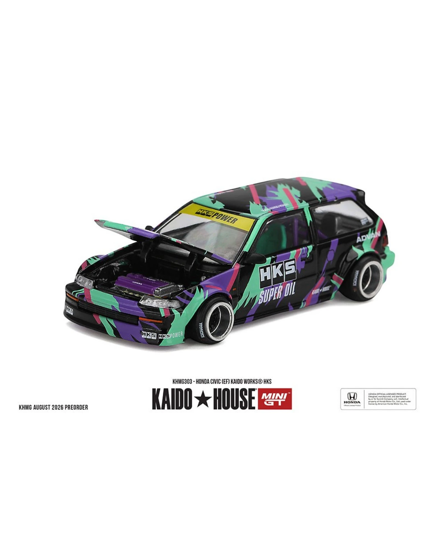 More Than Diecast 1:64 scale Honda Civic EF Kaido Works HKS die-cast model with open hood and colorful livery