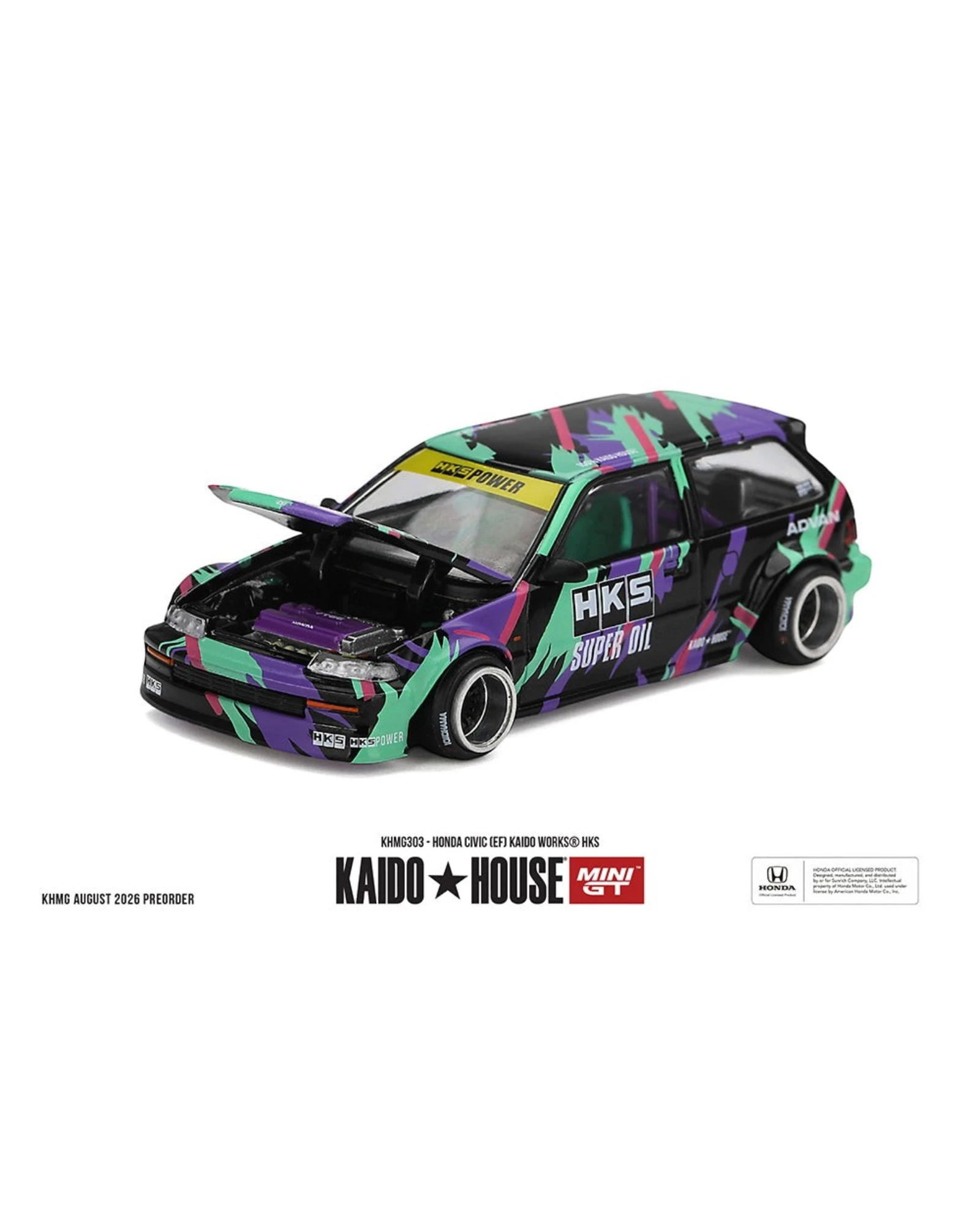 More Than Diecast 1:64 scale Honda Civic EF Kaido Works HKS die-cast model with open hood and colorful livery