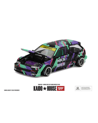 More Than Diecast 1:64 scale Honda Civic EF Kaido Works HKS die-cast model with open hood and colorful livery