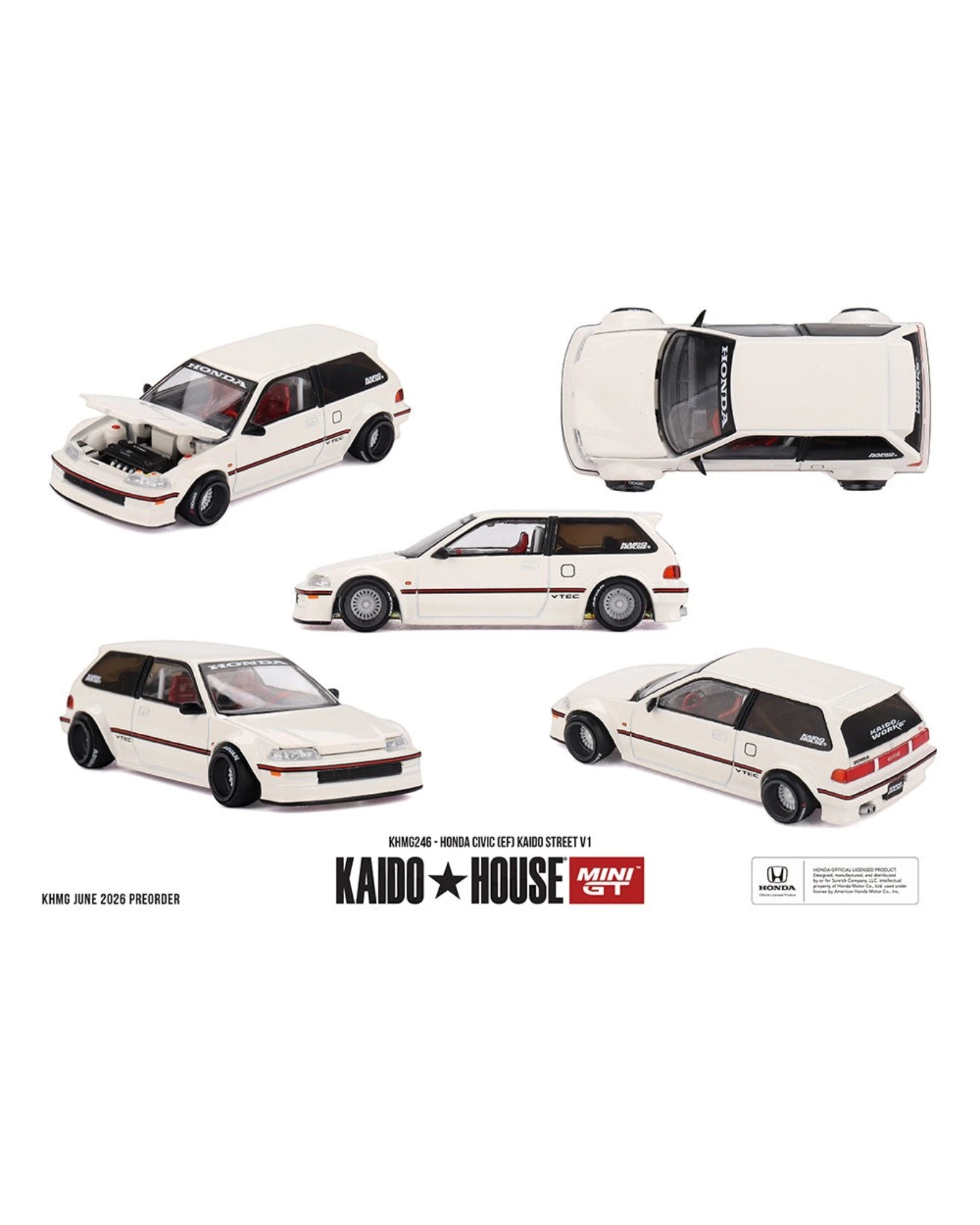 More Than Diecast: White 1:64 scale Honda Civic EF Kaido Street V1 die-cast model with red interior and black accents.