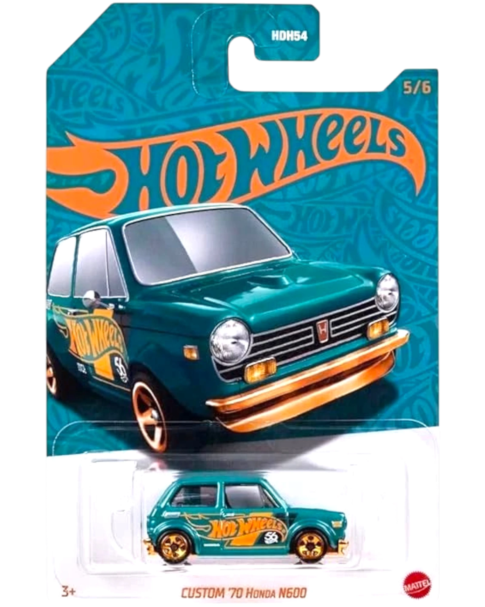 More Than Diecast CUSTOM '70 Honda N600 diecast model car in pearl teal with gold accents and Hot Wheels branding.