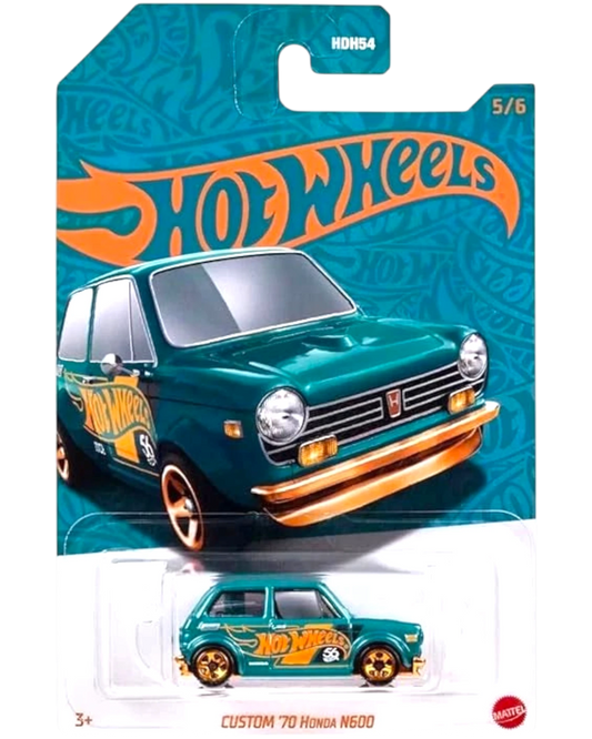 More Than Diecast CUSTOM '70 Honda N600 diecast model car in pearl teal with gold accents and Hot Wheels branding.