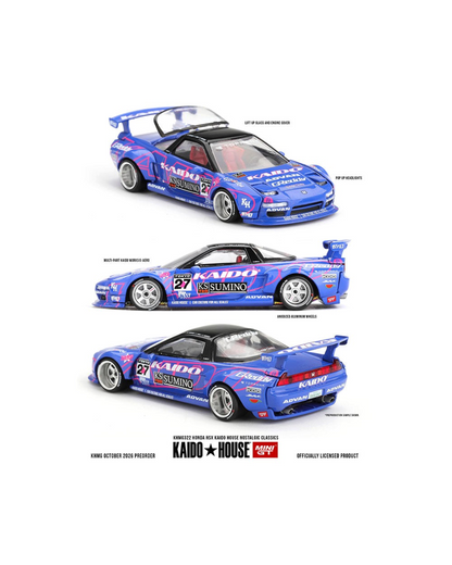 More Than Diecast Kaido House x Mini GT blue Honda NSX model car with custom racing decals and pop-up headlights.