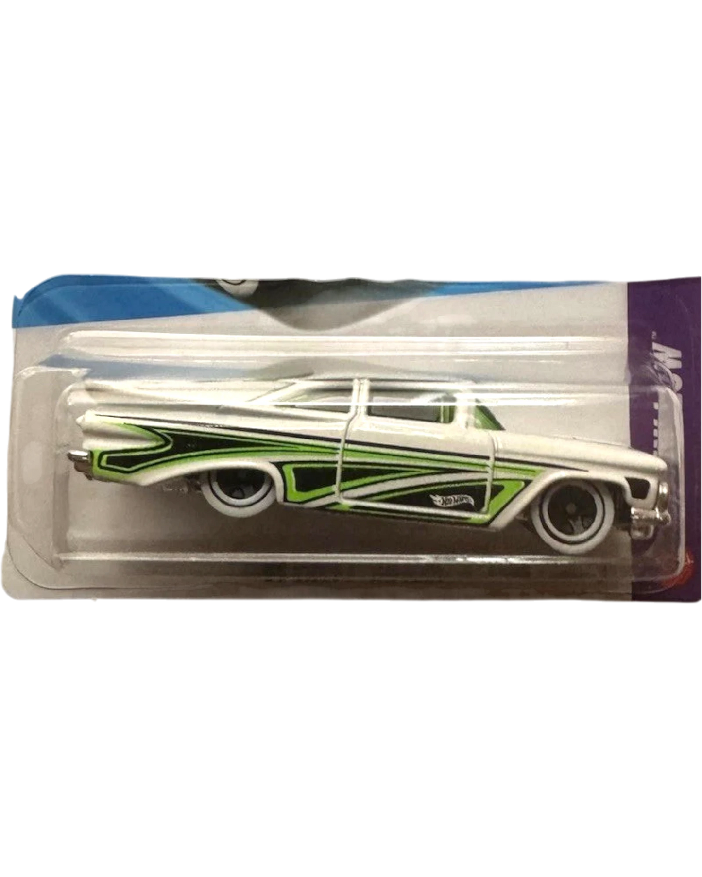 More Than Diecast 2026 Hot Wheels 1959 Chevy Impala, white with green flame graphics and white wall tires.