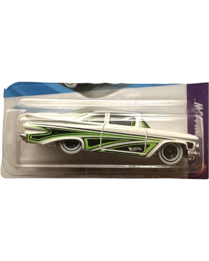 More Than Diecast 2026 Hot Wheels 1959 Chevy Impala, white with green flame graphics and white wall tires.