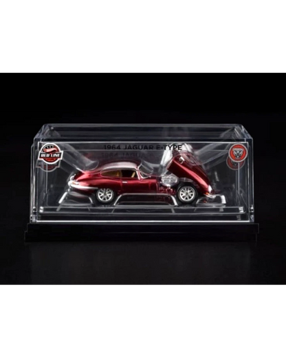 More Than Diecast Hot Wheels Red Line Club 1964 Jaguar E Type in metallic red, 1:64 scale diecast car with hood open, in display case.