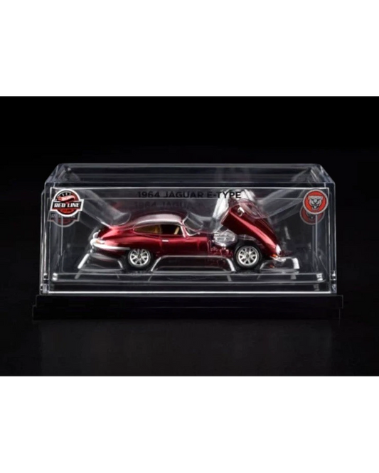 More Than Diecast Hot Wheels Red Line Club 1964 Jaguar E Type in metallic red, 1:64 scale diecast car with hood open, in display case.