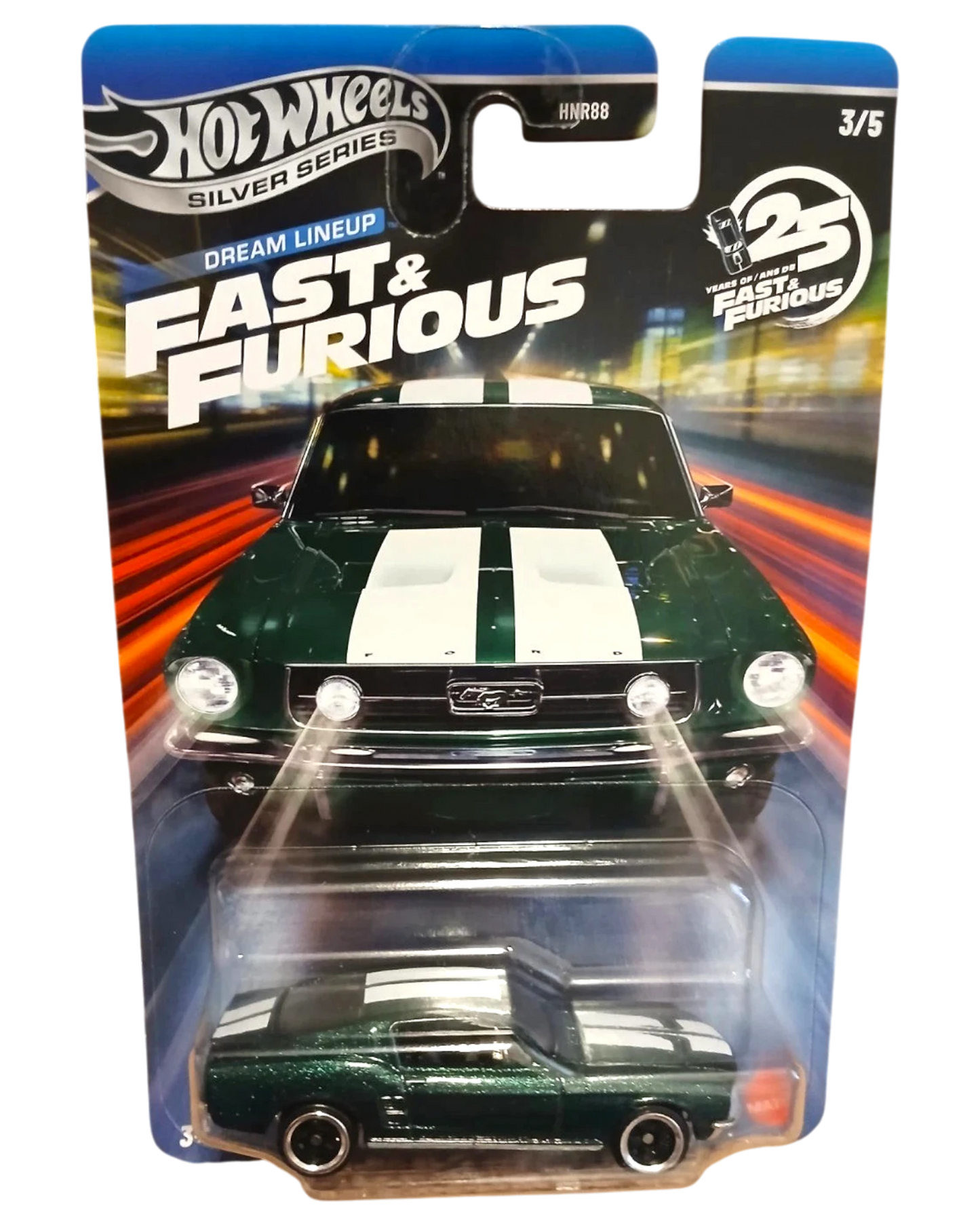 More Than Diecast Hot Wheels Silver Series 1967 Ford Mustang Fast & Furious Dream Lineup, dark green with white racing stripes.