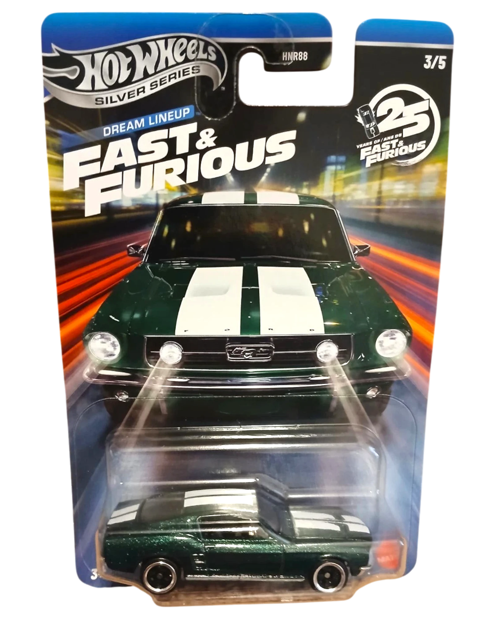 More Than Diecast Hot Wheels Silver Series 1967 Ford Mustang Fast & Furious Dream Lineup, dark green with white racing stripes.