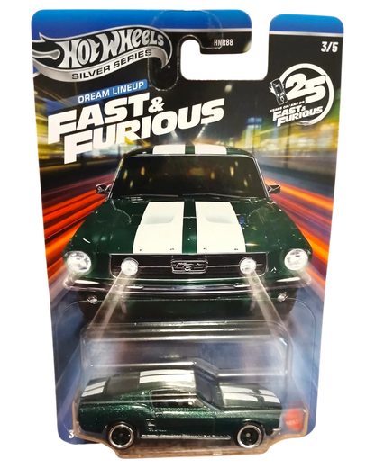 More Than Diecast Hot Wheels Silver Series 1967 Ford Mustang Fast & Furious Dream Lineup, dark green with white racing stripes.