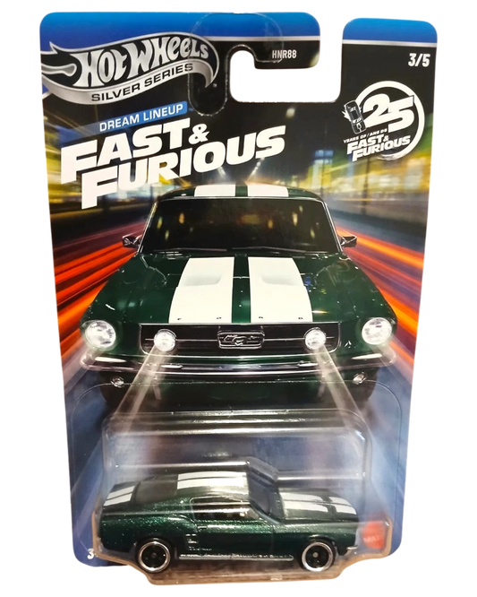More Than Diecast Hot Wheels Silver Series 1967 Ford Mustang Fast & Furious Dream Lineup, dark green with white racing stripes.