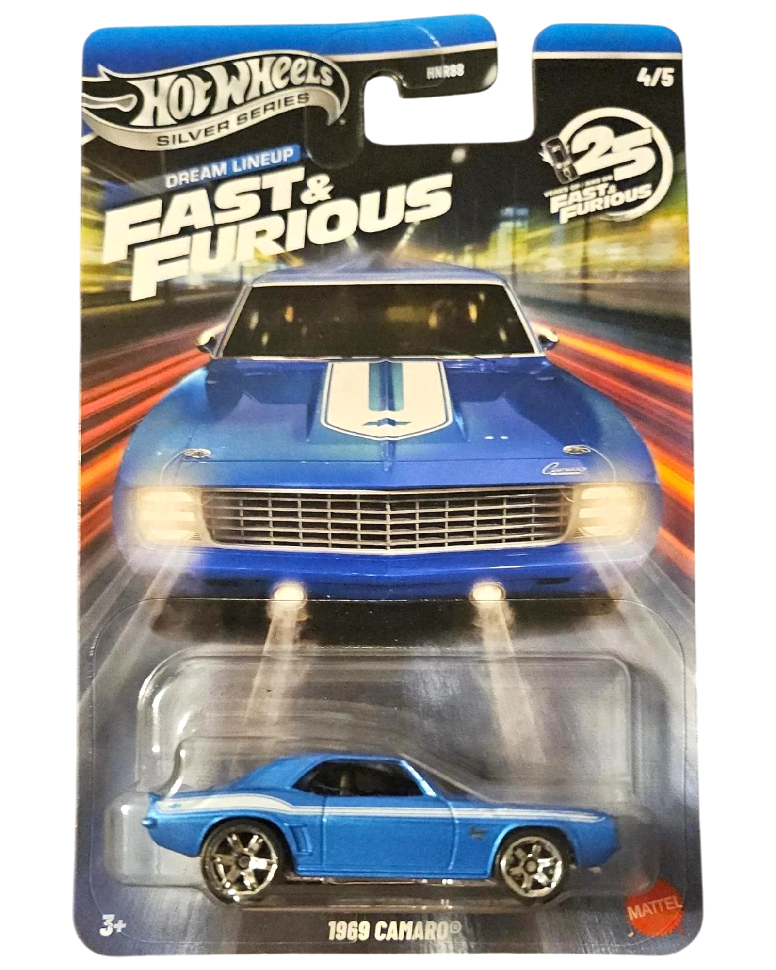 More Than Diecast Hot Wheels Fast & Furious 1969 Camaro blue die-cast car with white racing stripes.