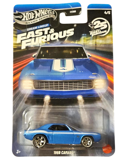 More Than Diecast Hot Wheels Fast & Furious 1969 Camaro blue die-cast car with white racing stripes.