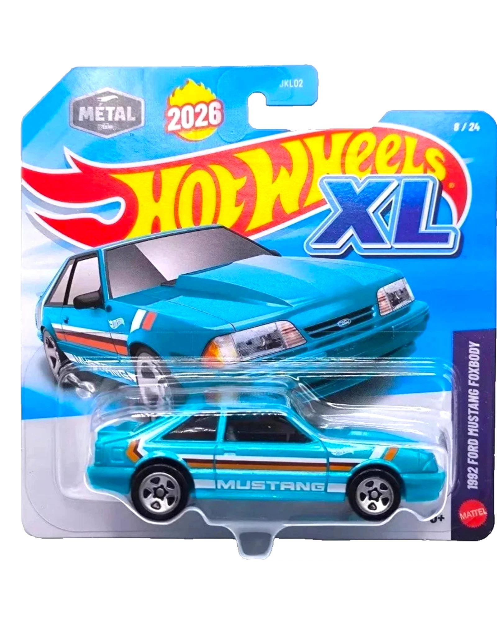 More Than Diecast Hot Wheels 2026 XL Series 1992 Ford Mustang Foxbody SVO diecast car in aqua blue with orange and white racing stripes.