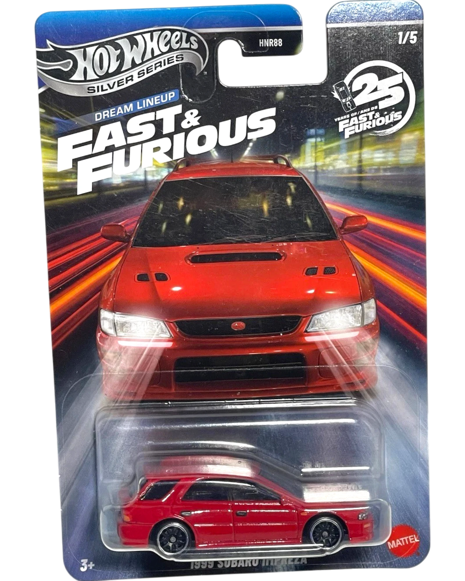 More Than Diecast Hot Wheels 2026 Silver Series Fast & Furious 1999 Subaru Impreza wagon, red with black wheels.