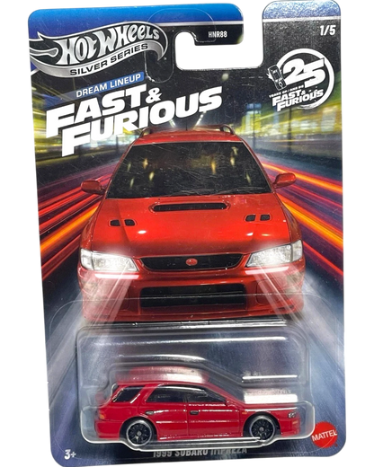 More Than Diecast Hot Wheels 2026 Silver Series Fast & Furious 1999 Subaru Impreza wagon, red with black wheels.