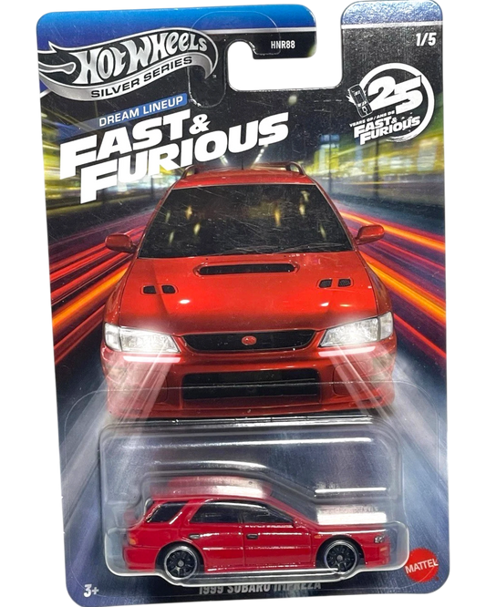 More Than Diecast Hot Wheels 2026 Silver Series Fast & Furious 1999 Subaru Impreza wagon, red with black wheels.