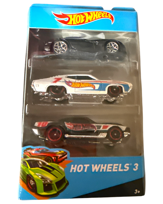 More Than Diecast Hot Wheels 3-pack featuring a black sports car, a white muscle car with red and blue accents, and a black and red muscle car.