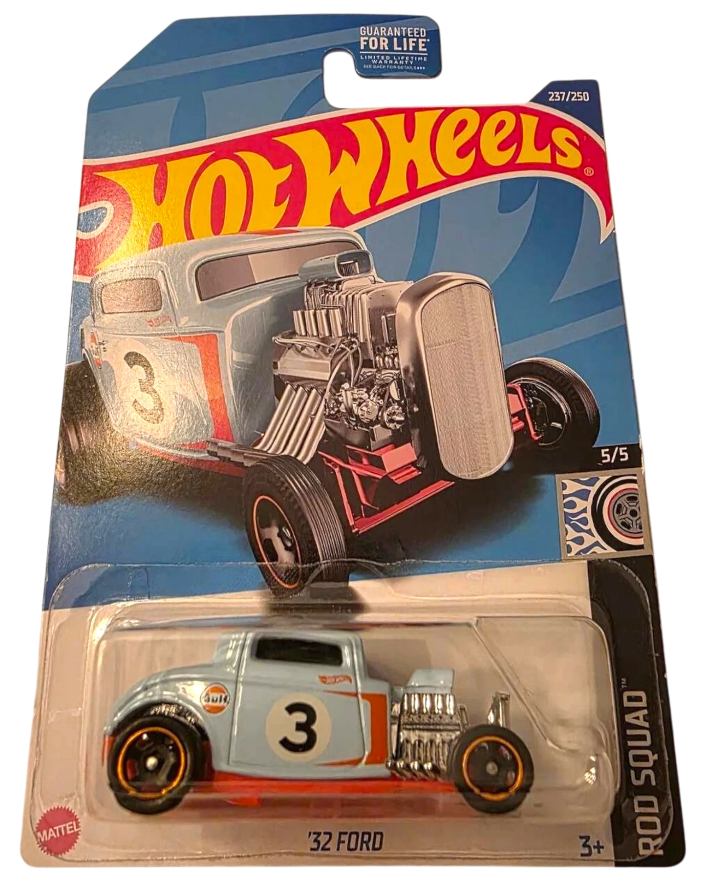 More Than Diecast 2022 Hot Wheels '32 Ford Rod Squad 5/5 diecast car in light blue with racing graphics on blister card
