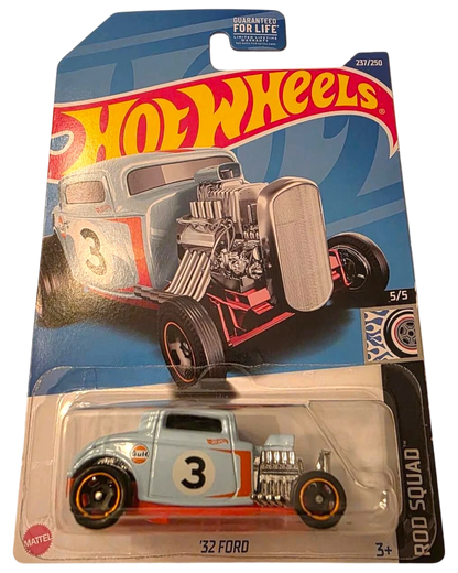 More Than Diecast 2022 Hot Wheels '32 Ford Rod Squad 5/5 diecast car in light blue with racing graphics on blister card