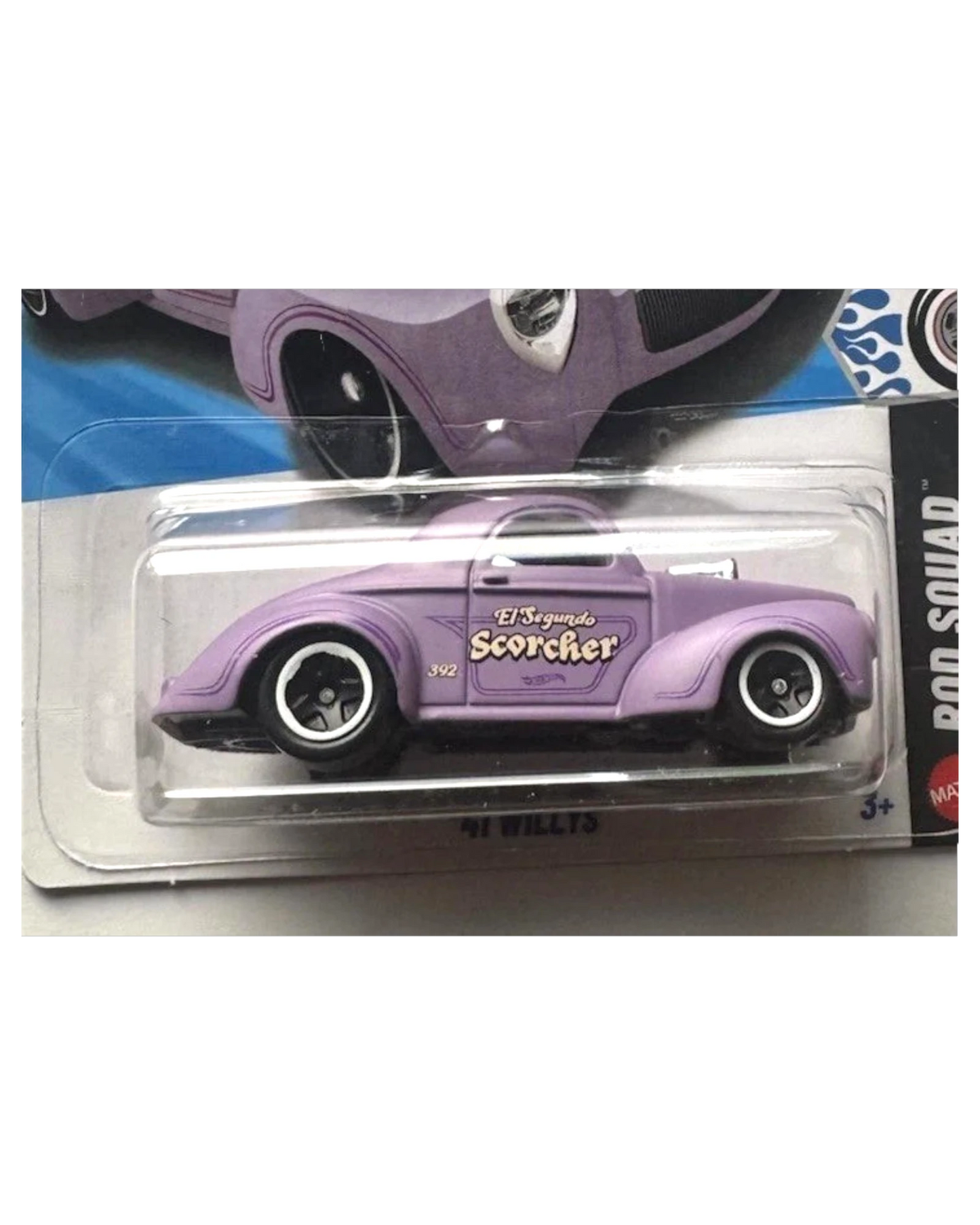 More Than Diecast 2026 Hot Wheels '41 Willys Rod Squad purple die-cast car with "El Segundo Scorcher" text.
