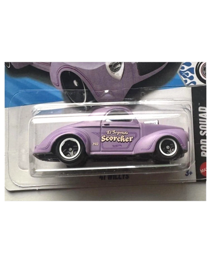 More Than Diecast 2026 Hot Wheels '41 Willys Rod Squad purple die-cast car with "El Segundo Scorcher" text.