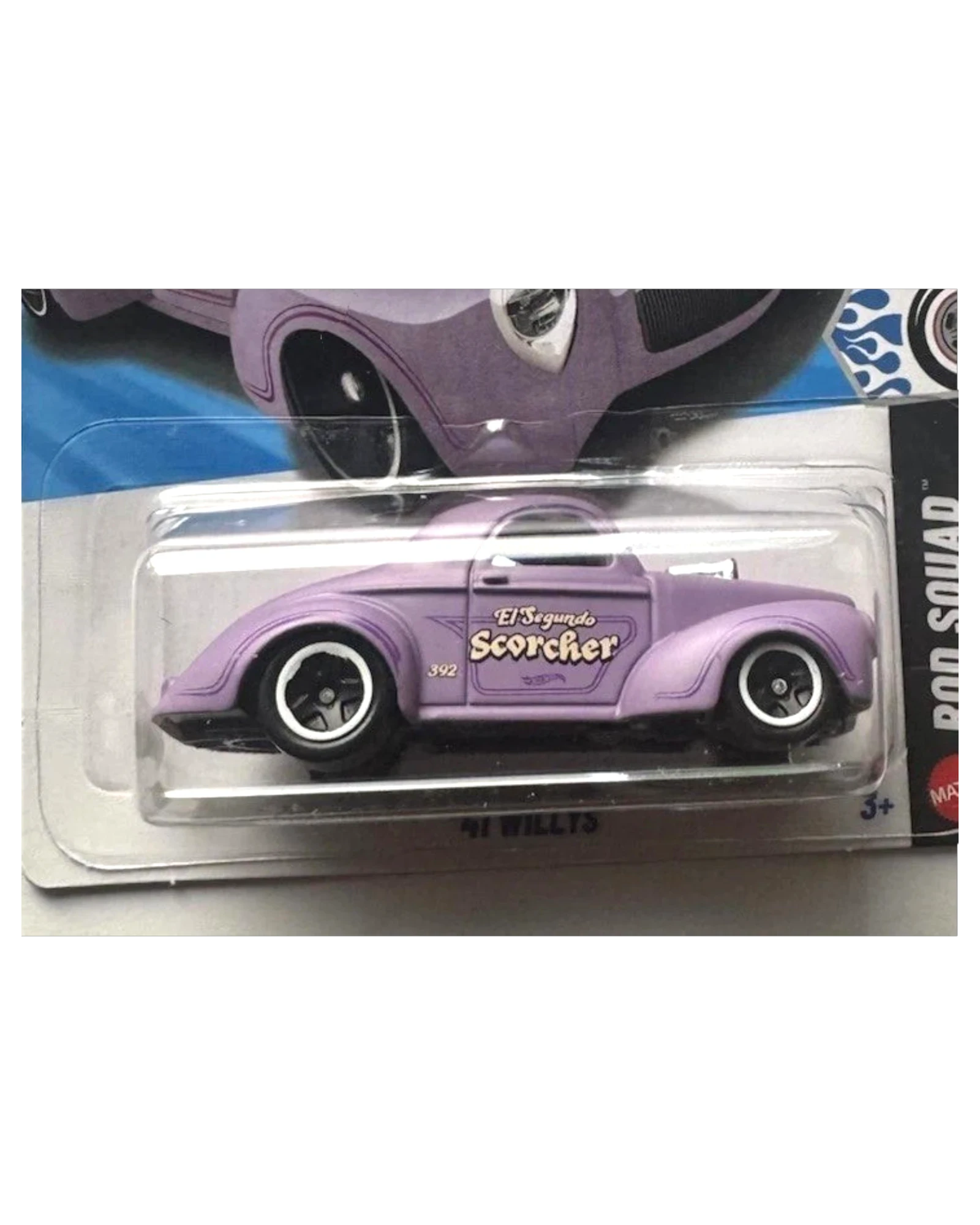 More Than Diecast Hot Wheels 41 Willys purple die-cast car from the Rod Squad series in original blister packaging