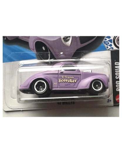 More Than Diecast Hot Wheels 41 Willys purple die-cast car from the Rod Squad series in original blister packaging