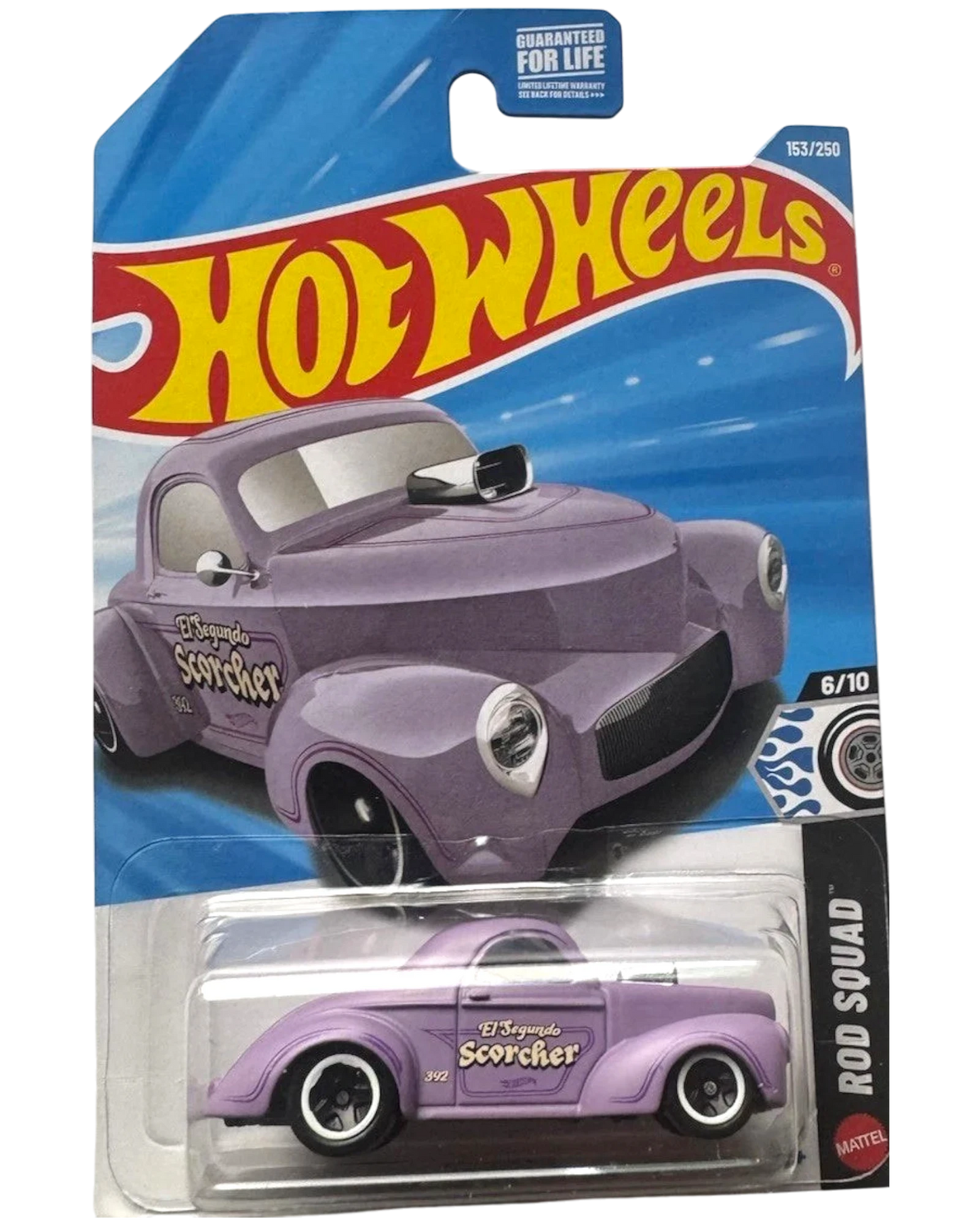 More Than Diecast Hot Wheels 41 Willys 1:64 die-cast car in purple with El Segundo Scorcher graphics on blister card