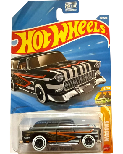 More Than Diecast 2026 Hot Wheels Classic '55 Nomad wagon, black with orange and white racing stripes.