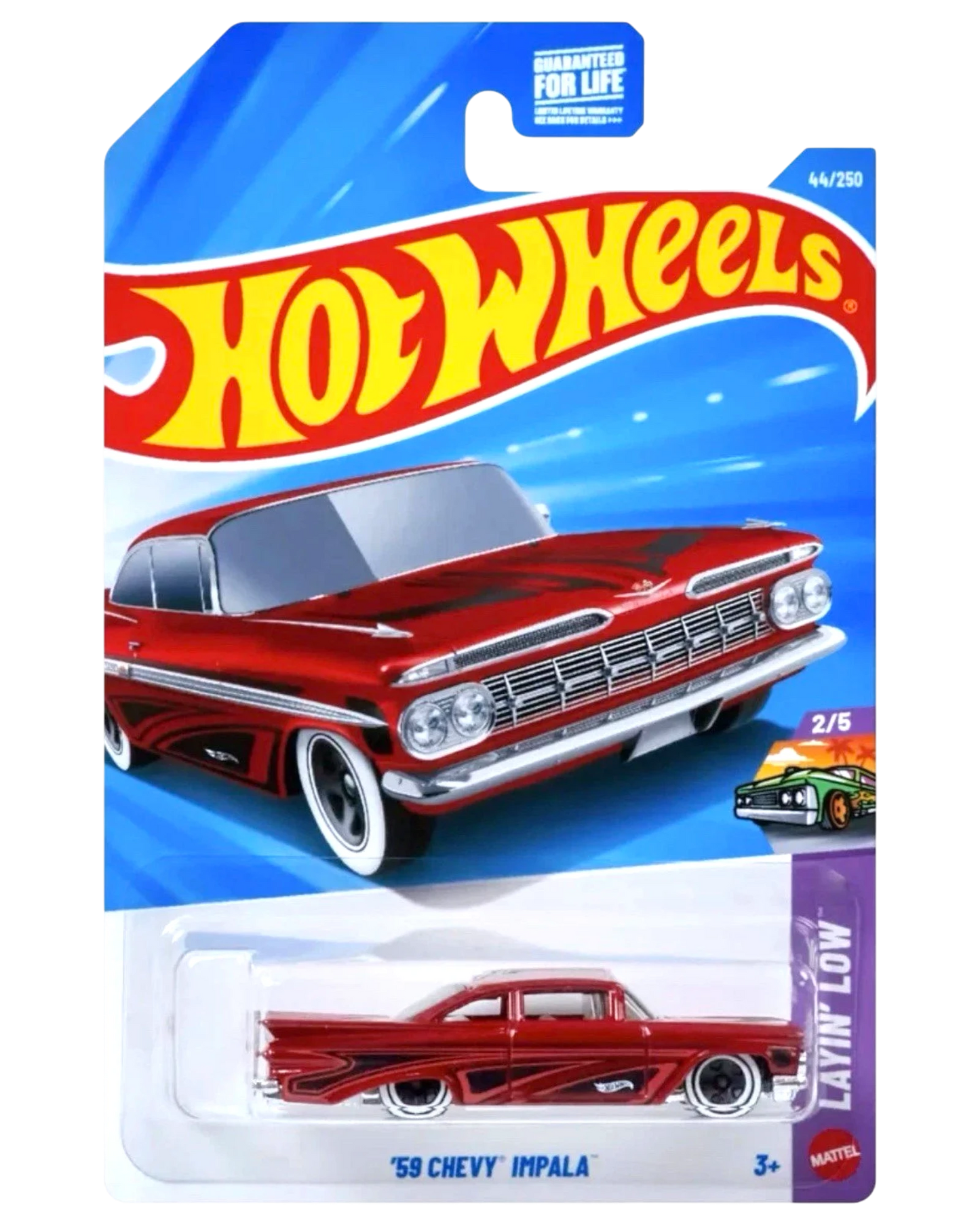 More Than Diecast Hot Wheels 2026 A Case '59 Chevy Impala diecast car, metallic red with white wall tires.