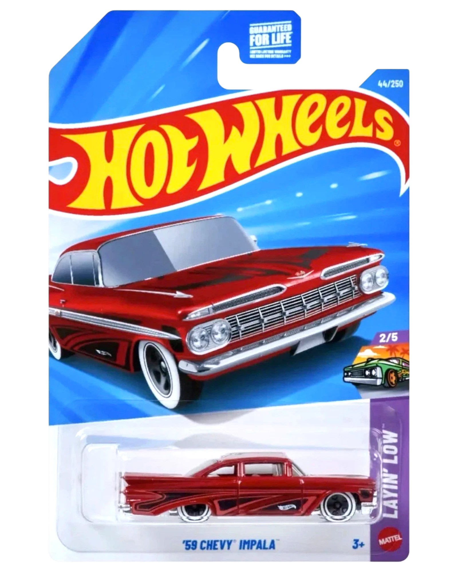 More Than Diecast Hot Wheels 2026 A Case '59 Chevy Impala diecast car, metallic red with white wall tires.