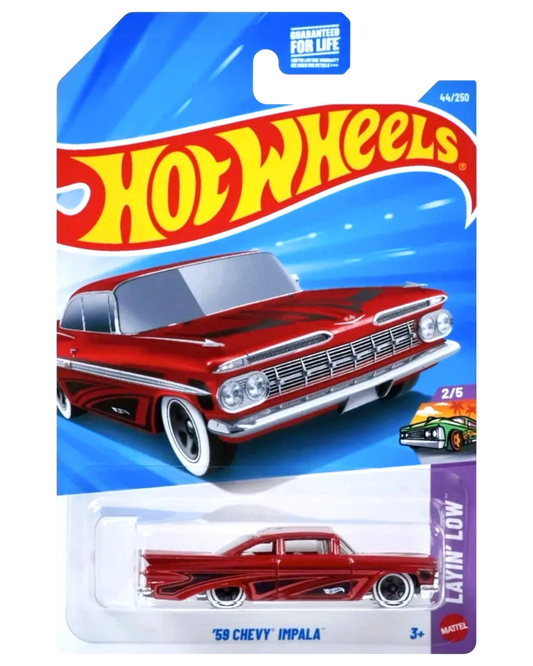 More Than Diecast Hot Wheels 2026 A Case '59 Chevy Impala diecast car, metallic red with white wall tires.
