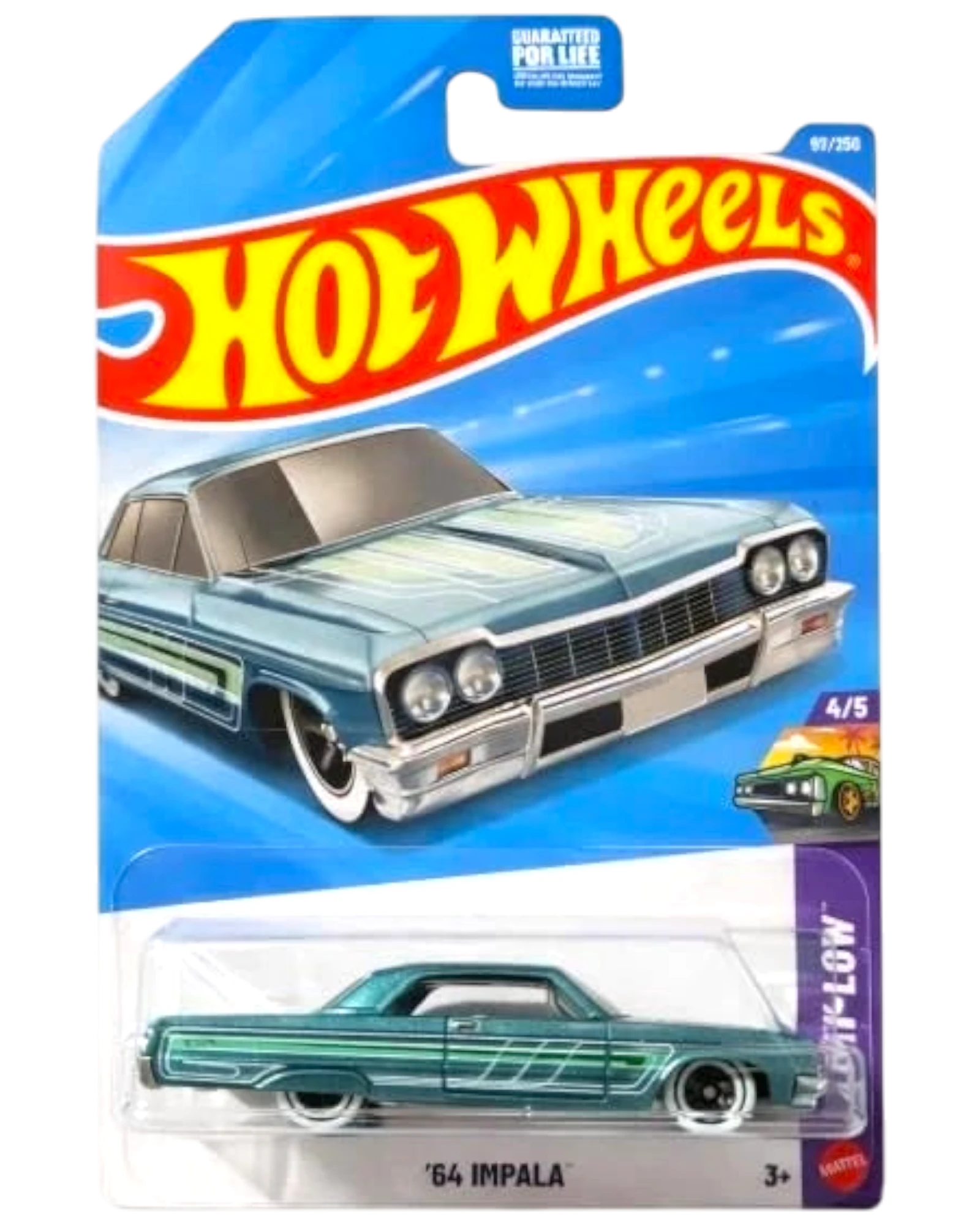 More Than Diecast Hot Wheels '64 Impala blue diecast toy car with green racing stripes and white wall tires.