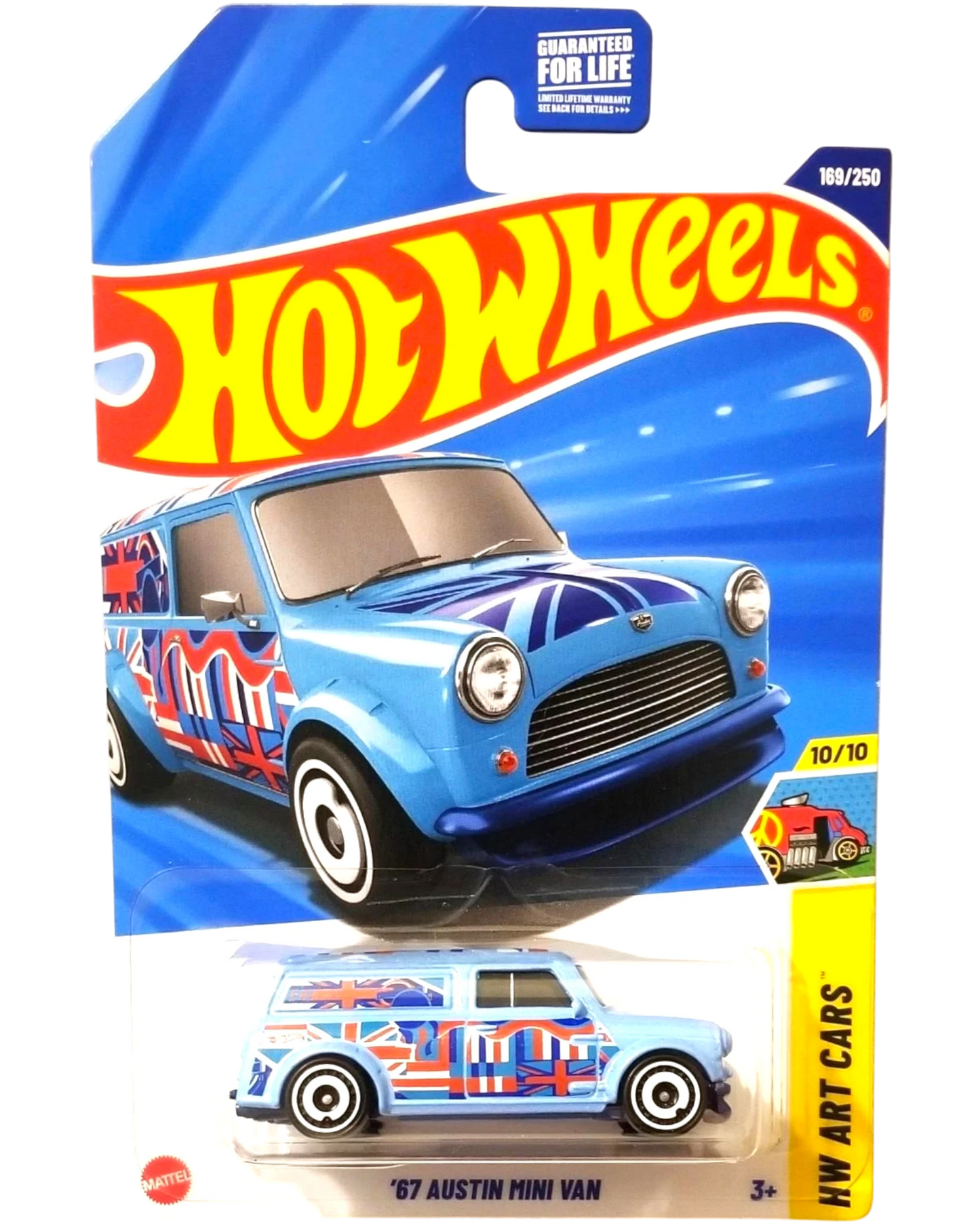 More Than Diecast Hot Wheels 2025 HW Art Cars '67 Austin Mini Van, light blue with Union Jack graphics.