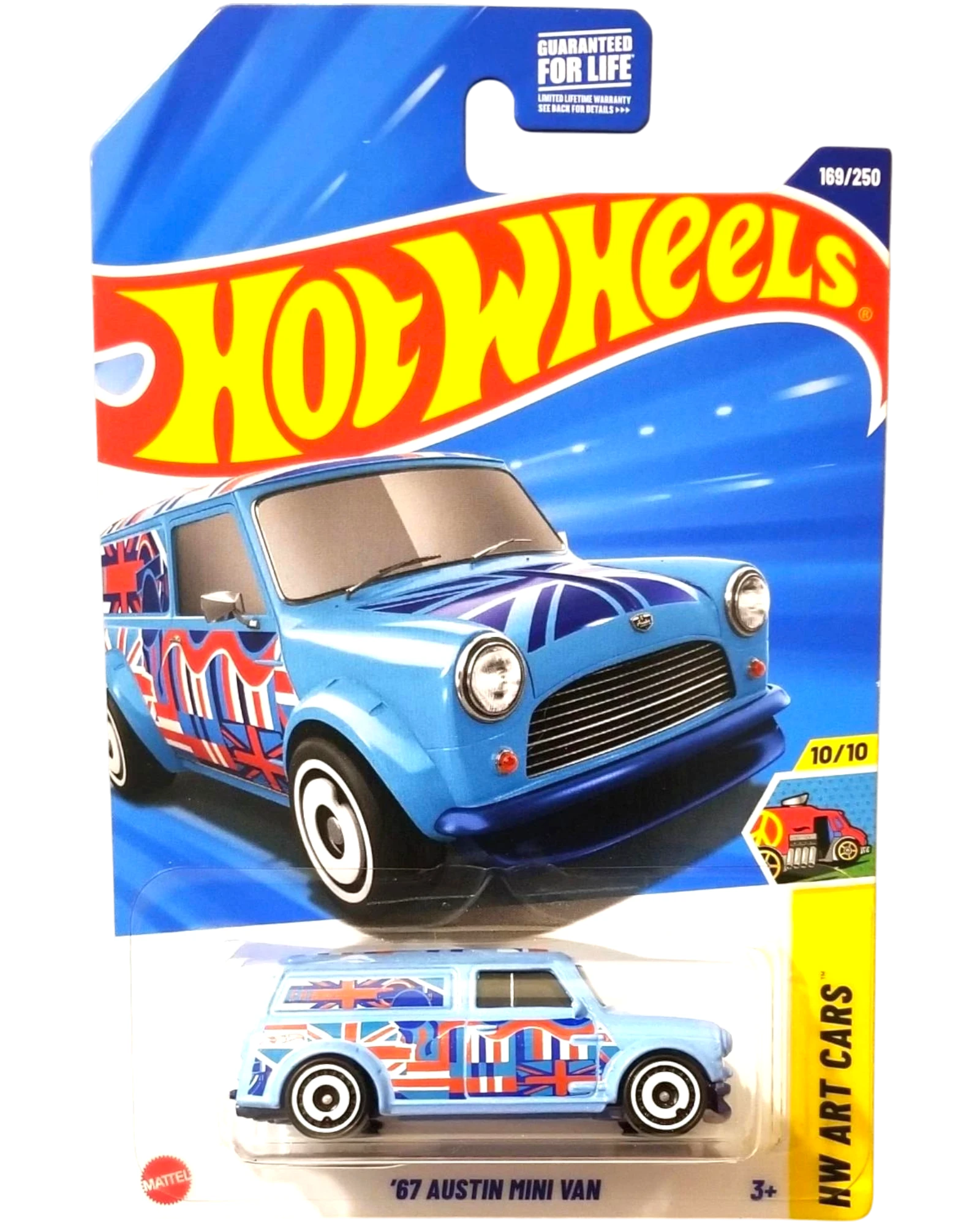 More Than Diecast Hot Wheels 2025 HW Art Cars '67 Austin Mini Van, light blue with Union Jack graphics.