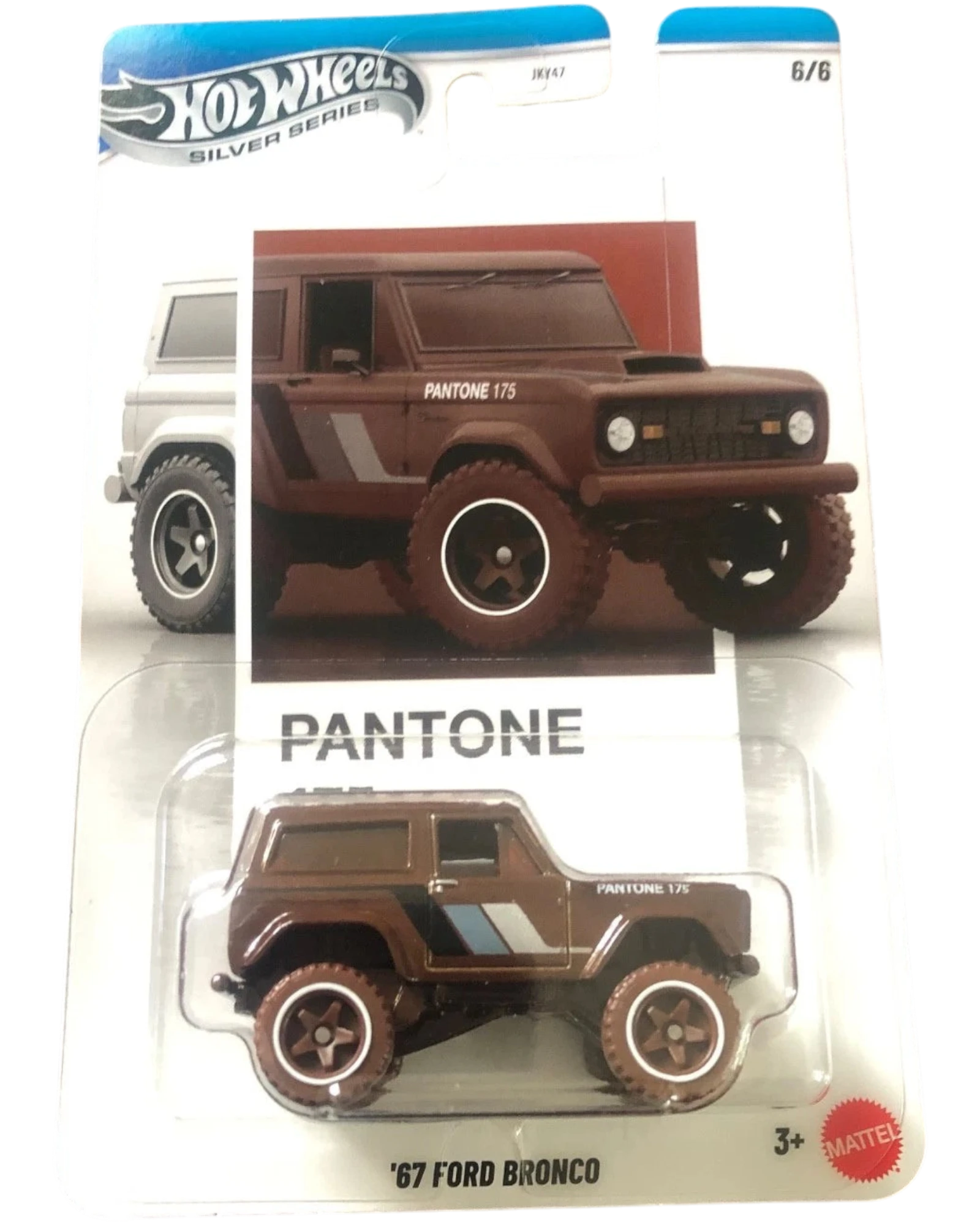 More Than Diecast Hot Wheels '67 Ford Bronco die-cast model car, brown with blue and grey stripes, 1:64 scale, Pantone Series 2 Chase 6/6.