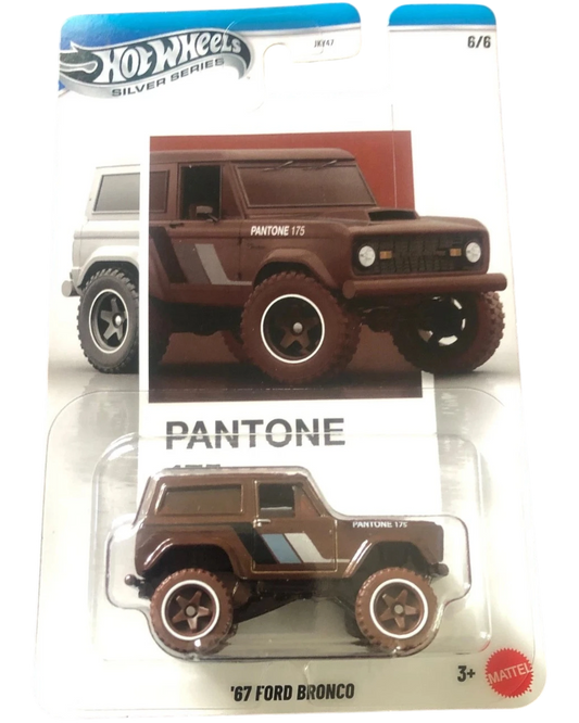 More Than Diecast Hot Wheels '67 Ford Bronco die-cast model car, brown with blue and grey stripes, 1:64 scale, Pantone Series 2 Chase 6/6.