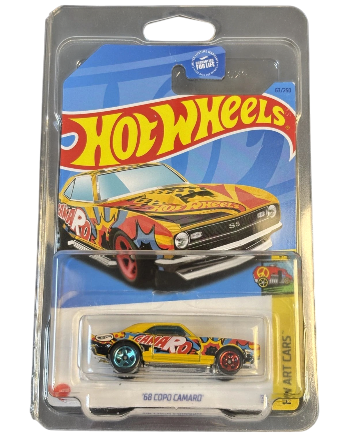 More Than Diecast Hot Wheels 68 COPO Camaro 1:64 scale die-cast car in yellow with bold Art Cars graphic packaging