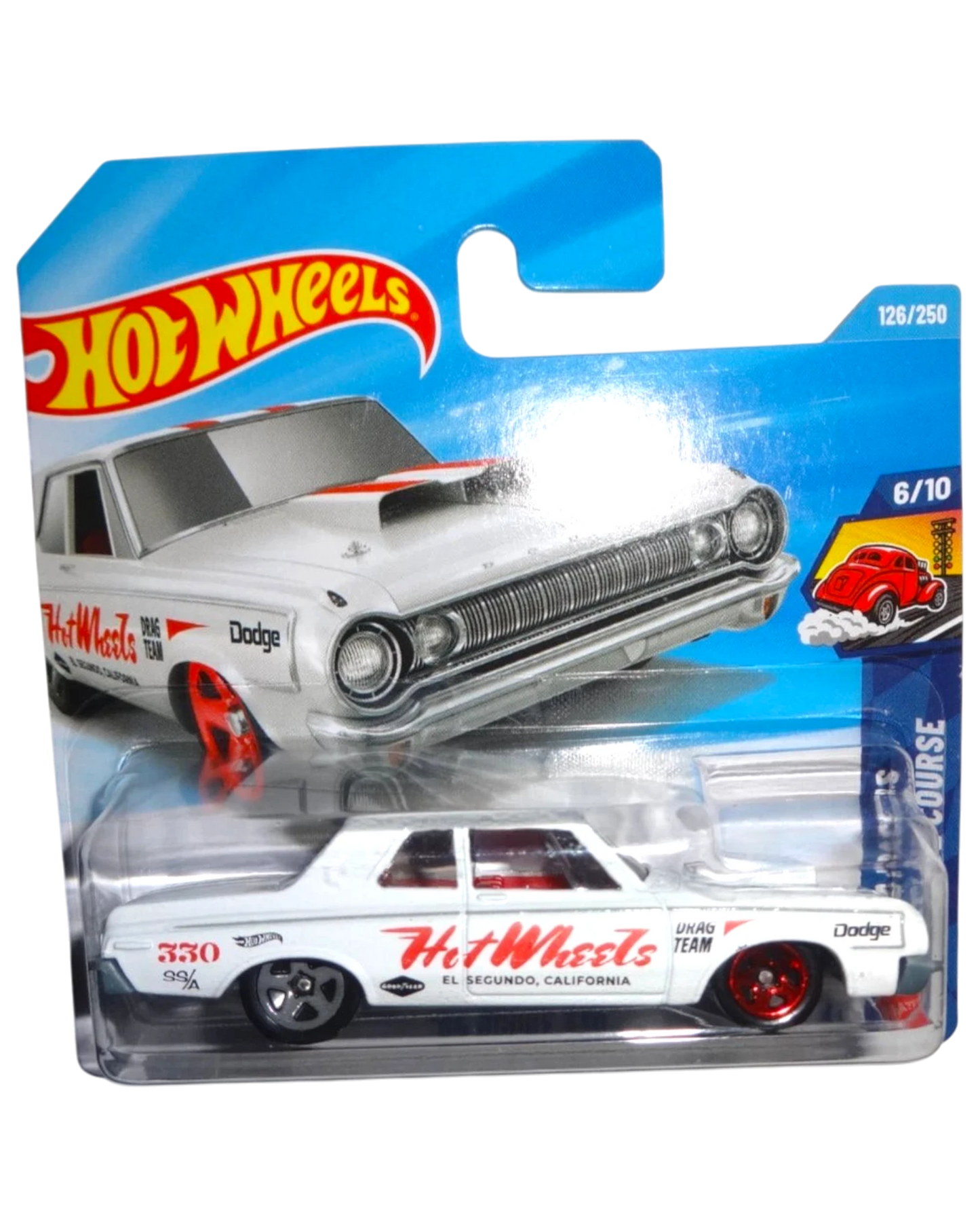 More Than Diecast 2026 Hot Wheels International Short Card '68 Dodge Dart Drag Racers #104/250, white diecast car with red accents and racing decals.