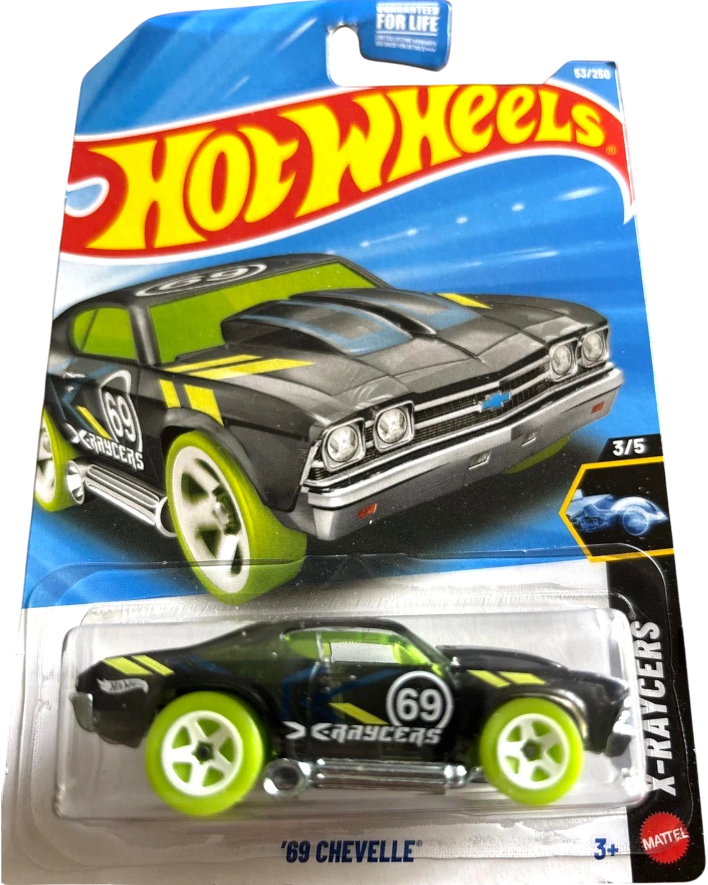 More Than Diecast Hot Wheels 69 Chevelle X-Racers diecast car, black with neon green wheels and accents.
